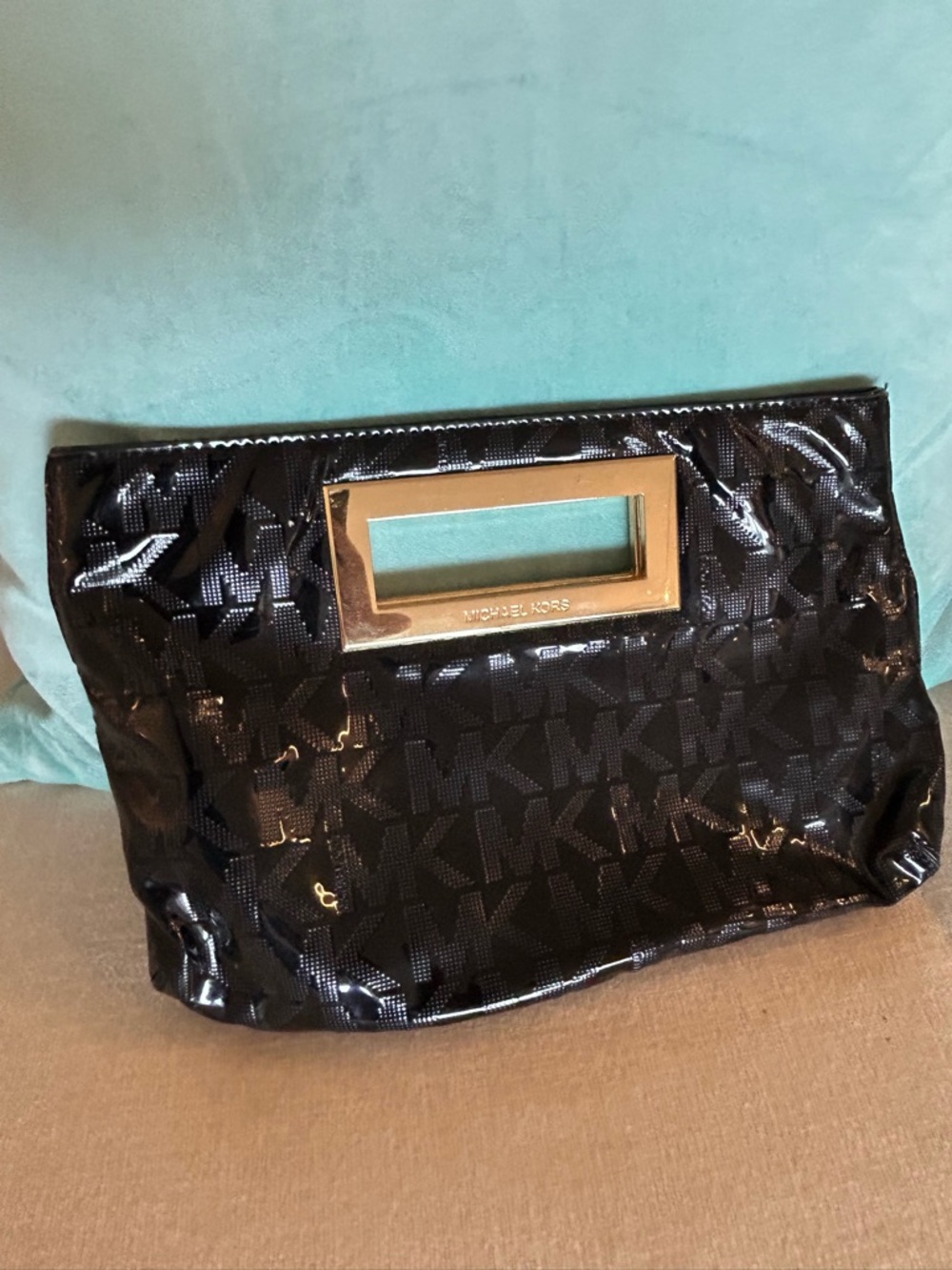 Michael Kors Black Patent MK Logo Wristlet Clutch with Gold-Tone Handle